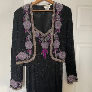 Vintage hand beaded silk gown and jacket
